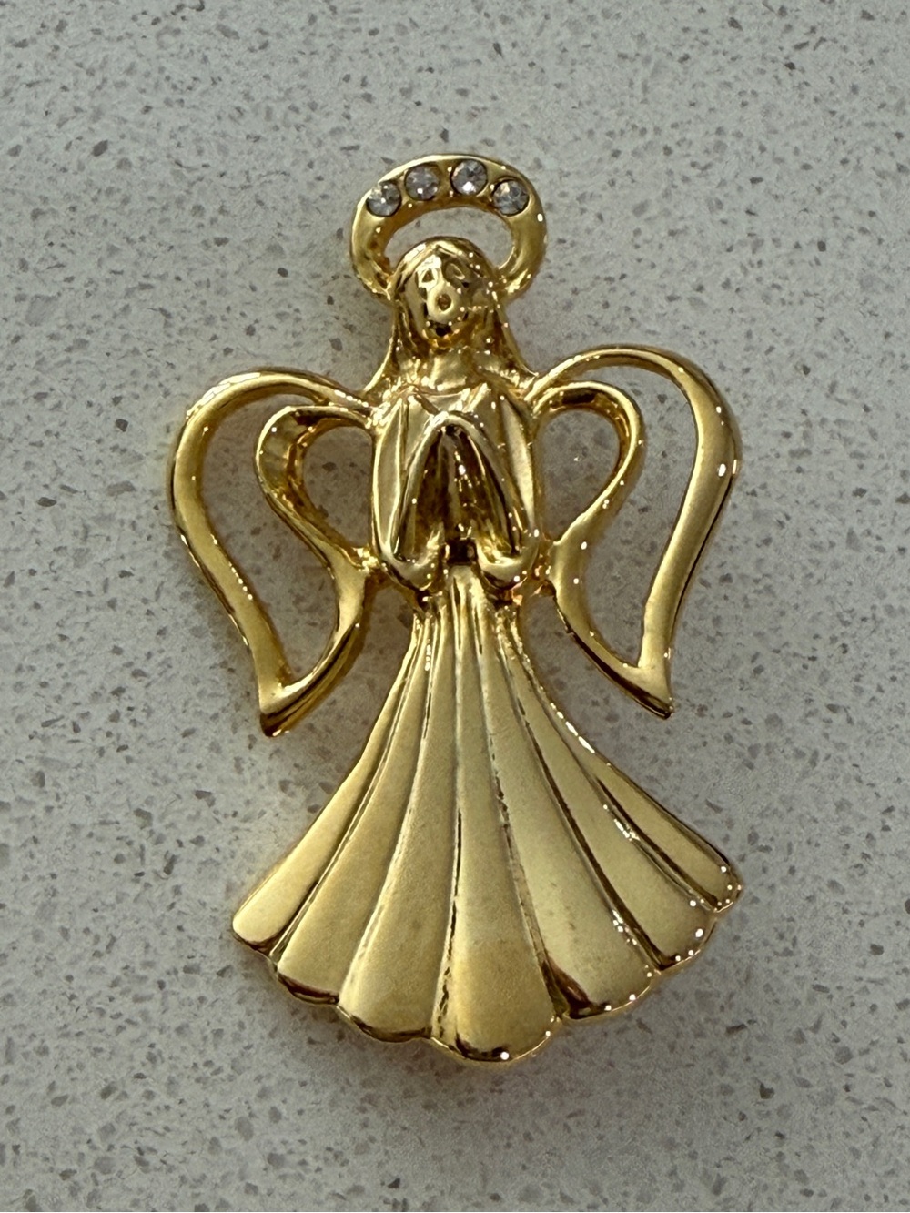 Vintage Gold Tone Angel Brooch Rhinestone Halo Heart Wings - Picture 4 of 5